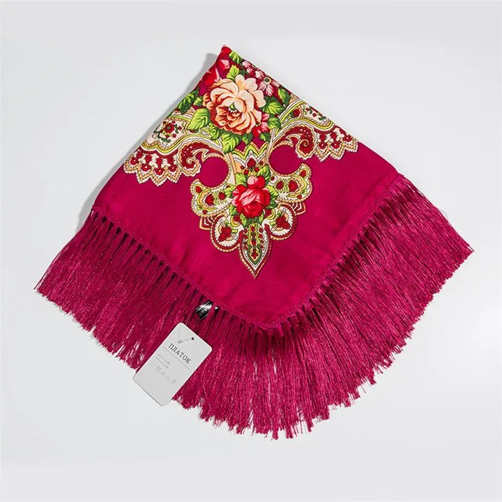 135x135 см русский Ретро стиль большой размер хлопок квадратный шарф цветок кисточкой шарф Обертывания Дамский зимний шарф одеяло шаль Пашмина - Цвет: 7 rose red