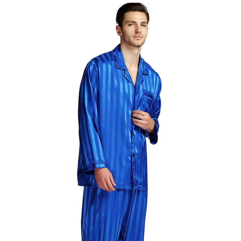 Мужская шелковая атласная пижама, пижамный комплект, Пижама, комплект для отдыха, США, M, L, XL, 2XL, 3XLL, 4XL Плюс в полоску