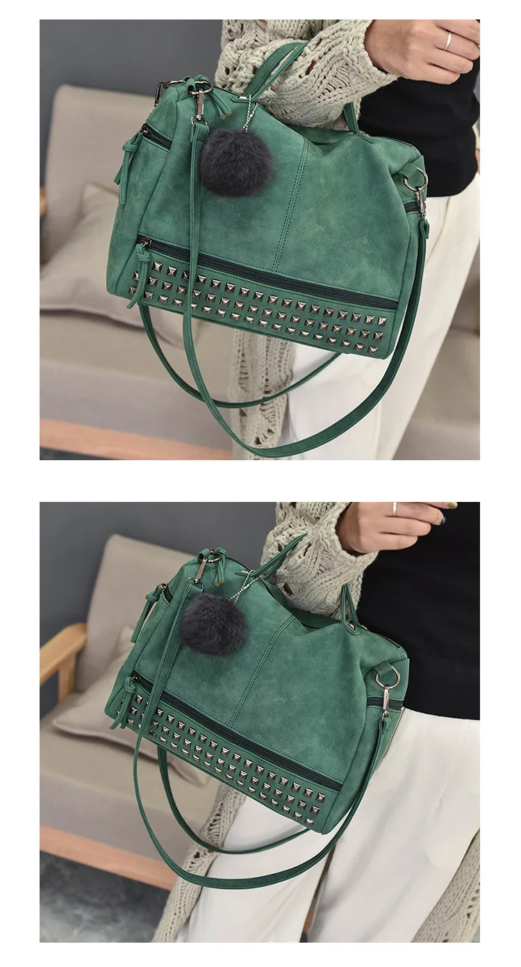 MJ Brand Design Women Handbag Fashion Suede Leather Top-Handle Bags Hair Ball Rivets Shoulder Bag Large Motorcycle Messenger Bag (4)