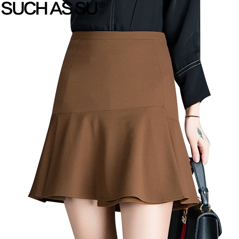 

SUCH AS SU New Spring Summer Knit Skirts Womens Brown Black Patchwork Ruffles High Waist Mini Skirt S-3XL Casual Mermaid Skirt