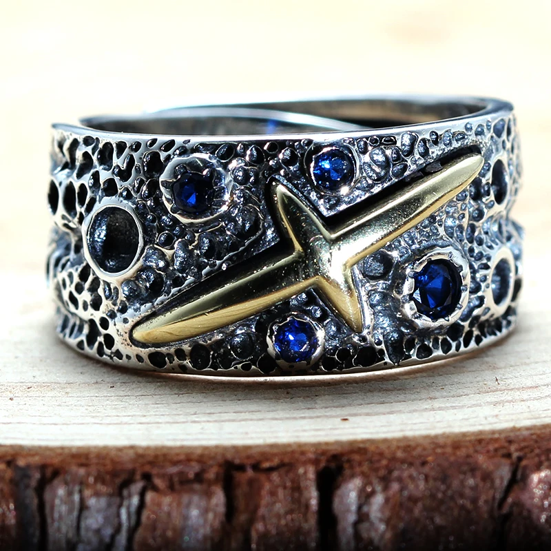 Чистое 925 пробы Серебряное ювелирное изделие, кольца с крестиком, винтажные мужские кольца с голубой звездой для женщин, специальный подарок 0036