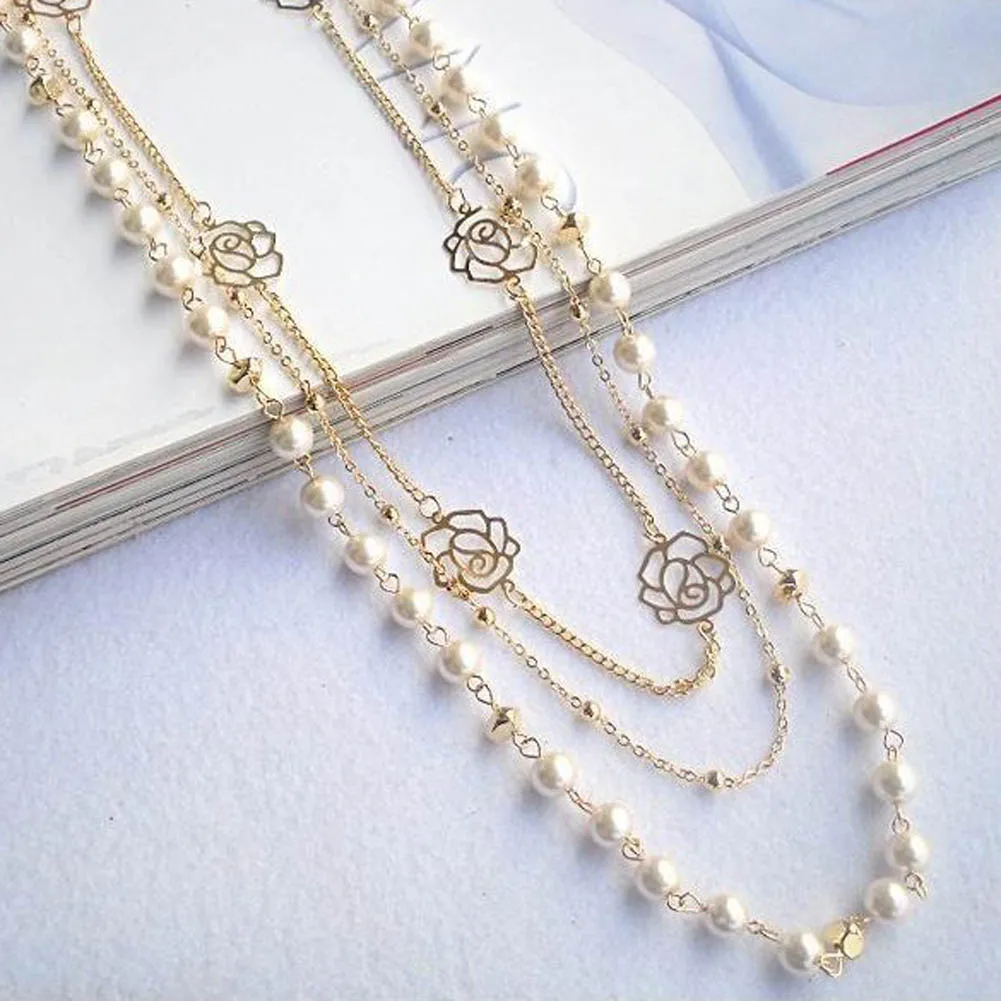 

Fashion Long Sweater Chain Ornaments Imitation Pearl Rose Flower Girl Dress Multilayer Long Necklace