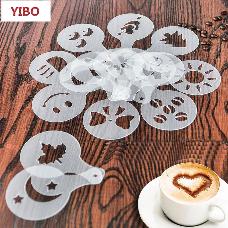 YIBO 16pcs / sets of coffee pull flower die fancy printing mold milk tea spray template cappuccino | Дом и сад