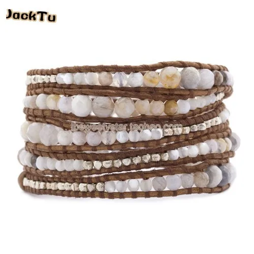 

Free Shipping African Opal Graduated Wrap Bracelet with Nuggets on Natural Brown Leather