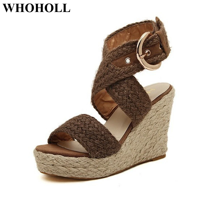 

Large Size Shoes Women Sandals Platform Peep Toe Wedges Heels Pumps with Ankle Strap Gladiator Stylish Weaving Hemp Ladies Shoes