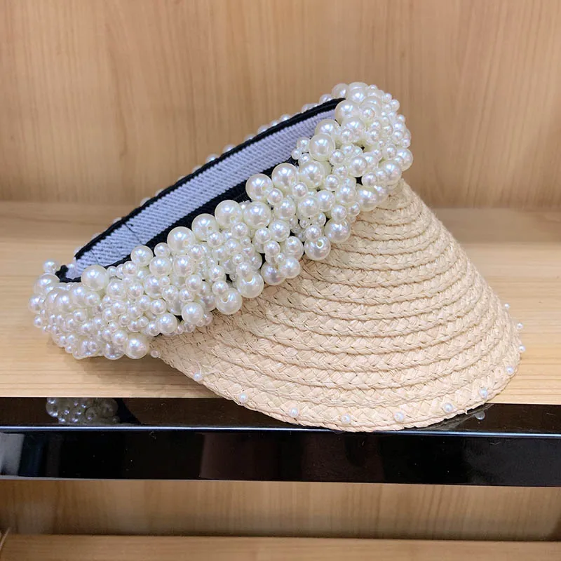 أنيقة جديد أزياء القش قناع مع مئات من اللؤلؤ النساء الشمس قبعة واقية SPF 50 + الأشعة فوق البنفسجية حماية واسعة حافة الشاطئ كاب الرافية