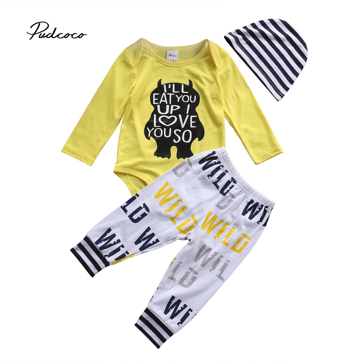 

AU Stock Monster Newborn Baby Boys Top Romper Pants Hat 3Pcs Outfit Set Clothes