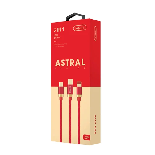 Recci ASTRAL 120 см 3 в 1 USB данных 2.4A Быстрая зарядка мобильного телефона зарядный кабель