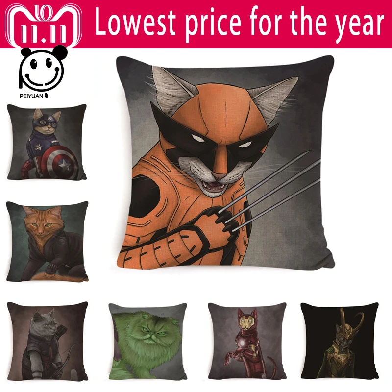 

PEIYUAN Pillow Cover Cartoon Super Hero Cat Pet Pillow Case Linen Square Pillowcase Cushion Cover Home Decor