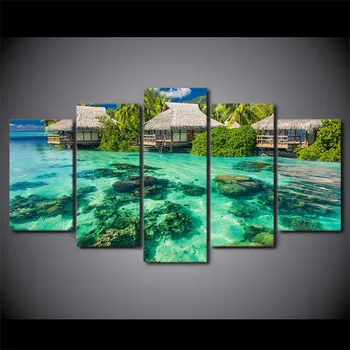 

5 Pieces Water House Tree Seascape Wall Art Canvas Pictures For Living Room Bedroom Home Decor Printed Framed Canvas Paintings