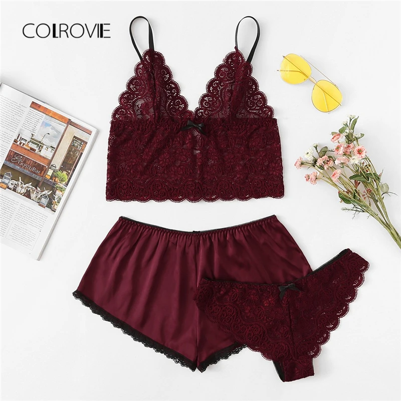 COLROVIE Army Green Sexy Floral Lace Cami Lingerie Set Burgundy Women Bra And Brief Sets Wireless Sexy Underwear Bra Set
