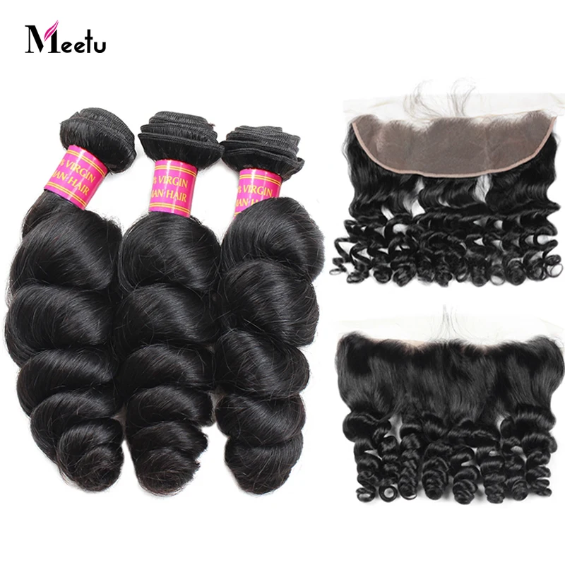 

Meetu Peruvian Loose Wave Bundles With Frontal 3 Bundles With Frontal 13X4 Inch Free Part Lace Frontal With Bundles Non Remy