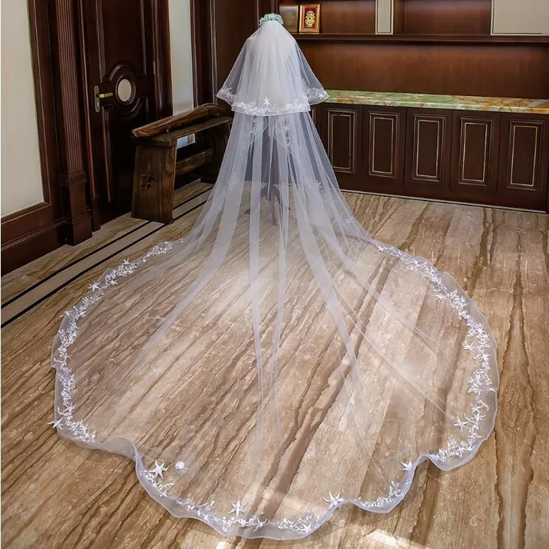 New Long Bridal Veil Women 3 M Cathedral Length Wedding Veil Delicate Tulle Appliqued Bride Veil Bride Accessories