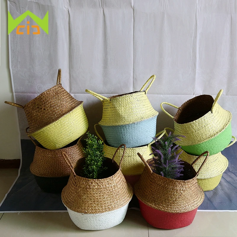 WCIC Natural Sea Grass 10 Colors Hand-Woven Flower Pot Planter Folding Plant Pot Flower Pots Decorative Garden Succulent Pot