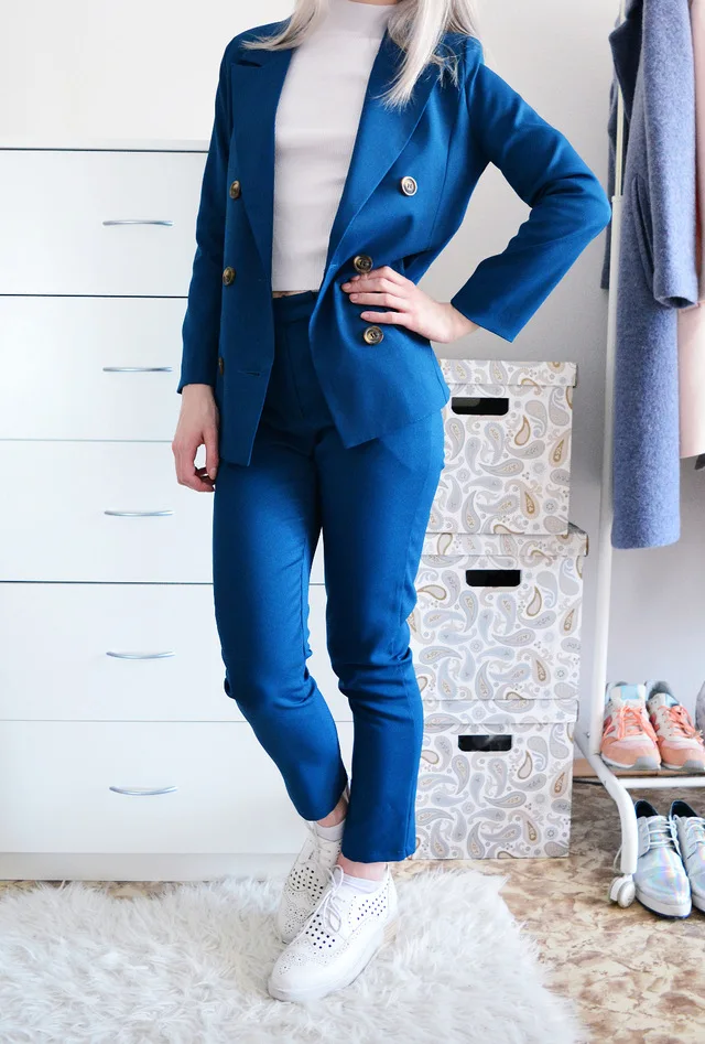 2016 Spring Fashion Leisure Korean Simple Double Breasted Two Piece Loose Woman all match lovely suit