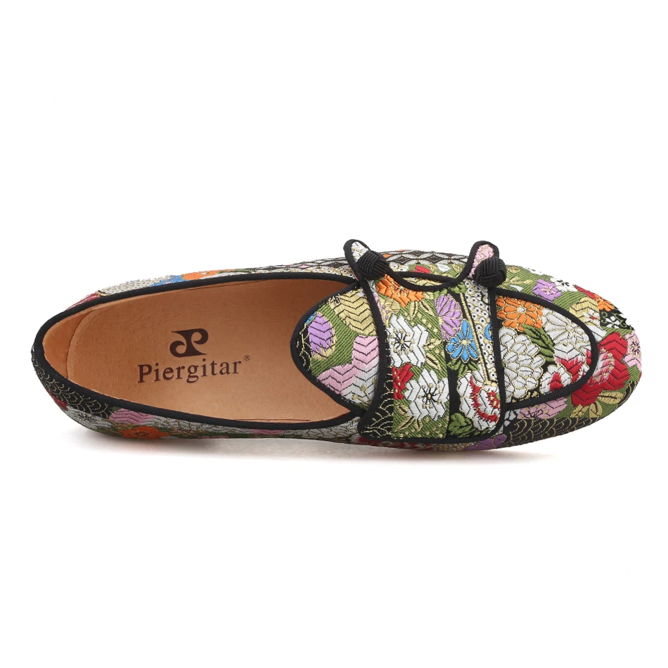 Piergitar multi color jacquard silk double-monk BELGIAN LOAFERS with black buttons handcrafted men smoking slippers plus size