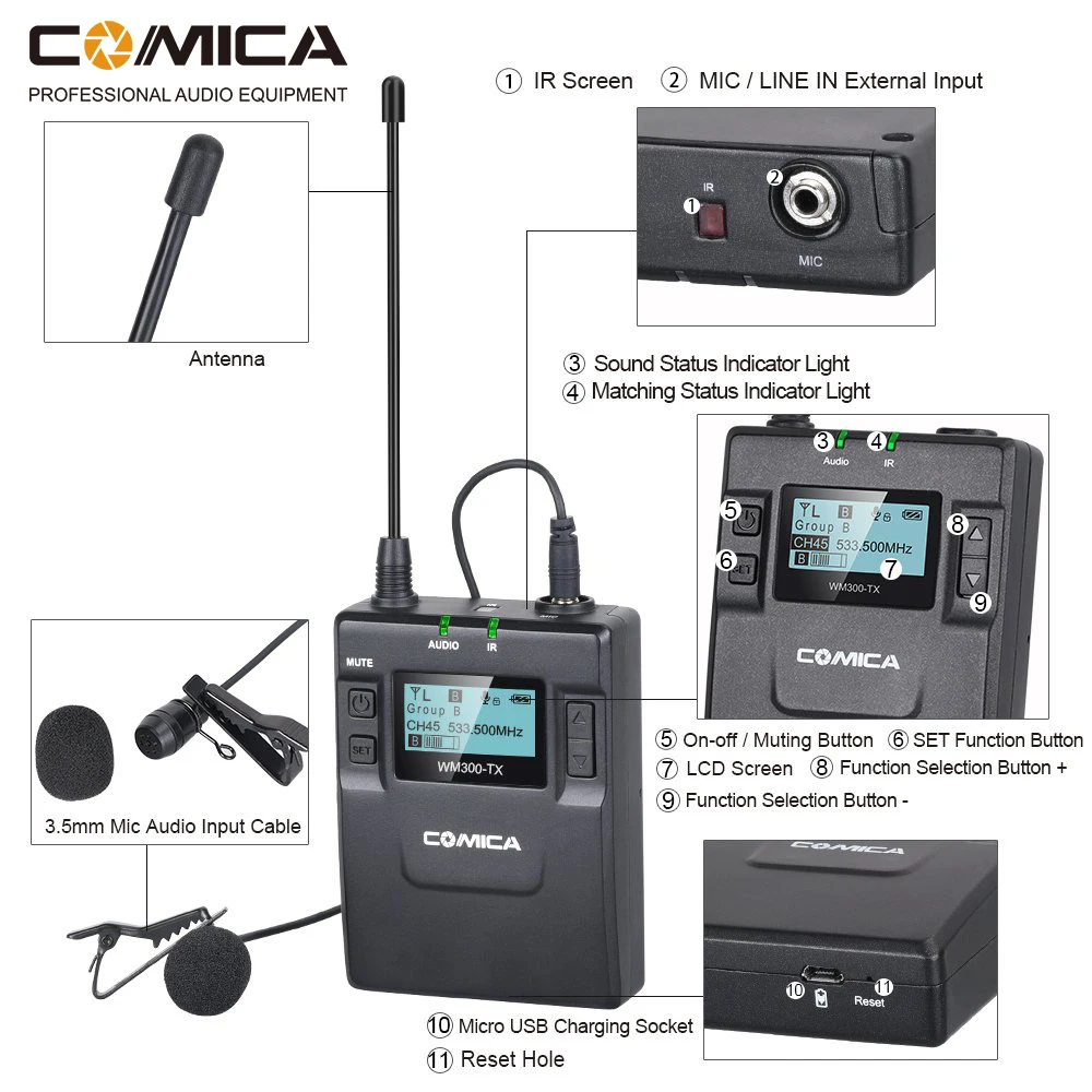  Comica 96-Channel UHF Rechargeable Wireless Lavalier Microphone System for Canon Nikon DSLR CameraX