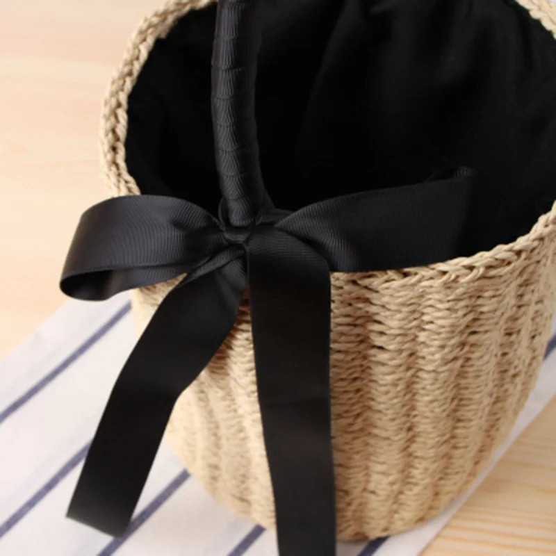 Women Handbag Summer Beach Female Ribbon Straw Bags Lady Vintage Drawstring INS Popular Basket Casual Weave Travel Tote SS3100 (7)