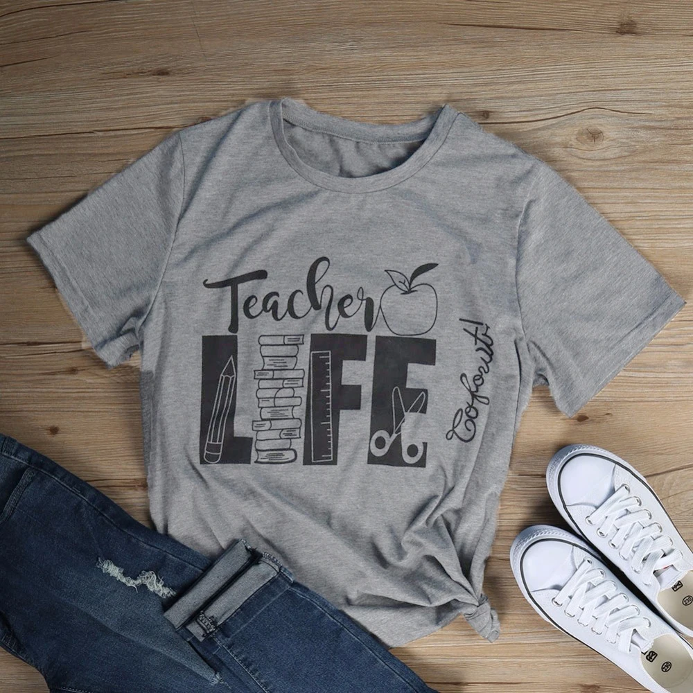 

Unisex Summer Short Sleeve Letetr Tumblr Tee Teacher life Gray T-Shirt Fashion Graphic Teacher day Gift Grunge Tops Style tshirt