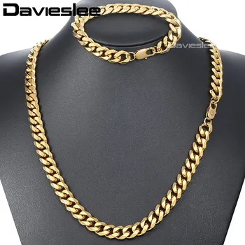 

Davieslee Mens Jewelry Set Necklace Bracelet Curb Stainless Steel Polished Gold Black Silver Color 3/5/7/9/11mm LKSM01