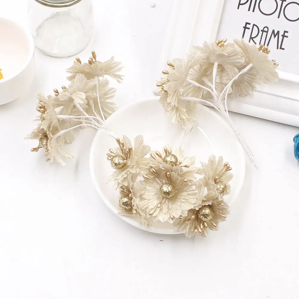 6pcs Golden Silver Glitter Artificial silk flower bouquet for Wedding