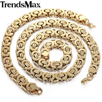 

11MM Mens Chain Boys Gold Tone Flat Byzantine Stainless Steel Bracelet Necklace SET Wholesale JEWELRY Fashion Gift KS78