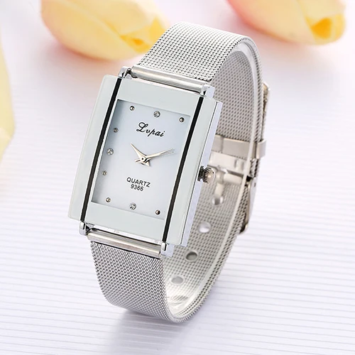 Men Women Fashion Rectangle Dial Stainless Steel Net Strap Quartz Wrist Watch 