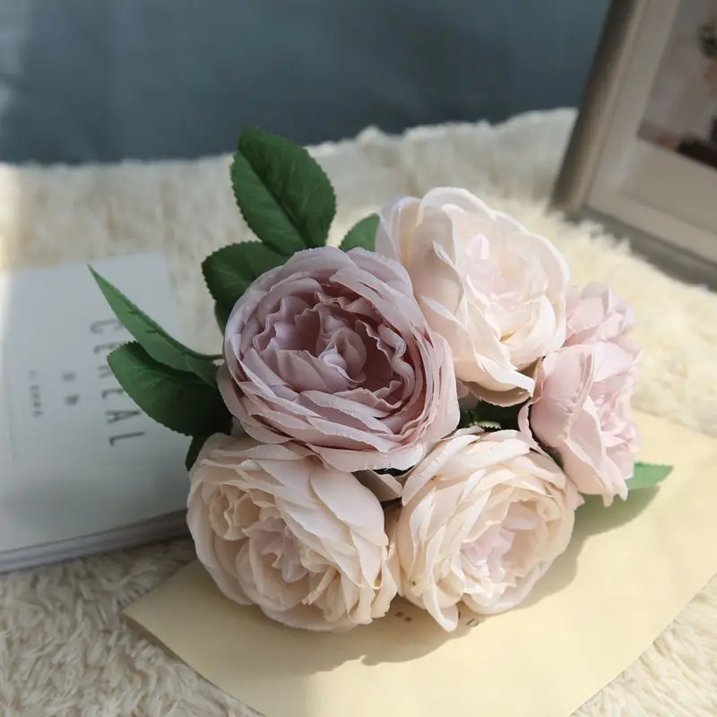 Шелковый букет роз Румяна Розовый букет Dusty синий свадебный цветок цветы лаванды 5 головок для невесты Подружки невесты букет