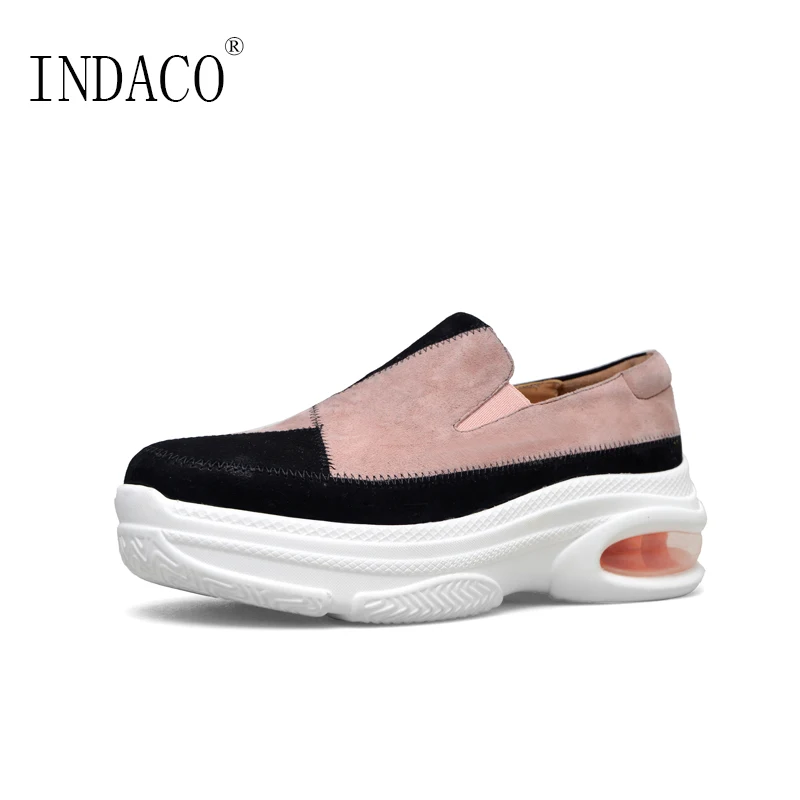 

2018 Shoes Woman Spring Autumn Casual Shoes Leather for Womens Loafers Pink Yellow Slip on Platform Shoes 5cm