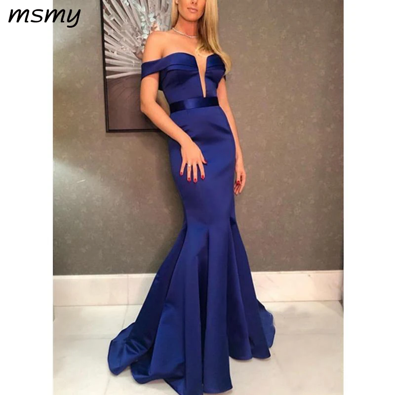 

Elegant Off The Shoulder Royal Blue Mermaid Evening Dresses Sleeveless Deep V Neck Prom Dress Cheap Zipper Floor Length