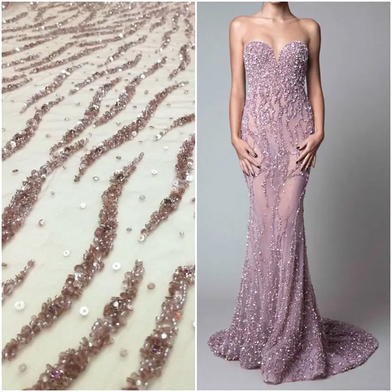 

Pink elastic handmade lace guipure with beads and sequins for wedding and evening dresses,price per one meter, Lace 14, MA