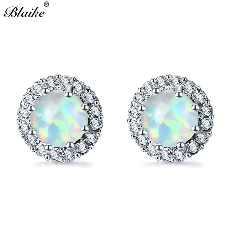 

Blaike 925 Sterling Silver Filled White Fire Opal Stud Earrings Inlay Small Crystal Zircon Birthstone Earrings For Women Jewelry