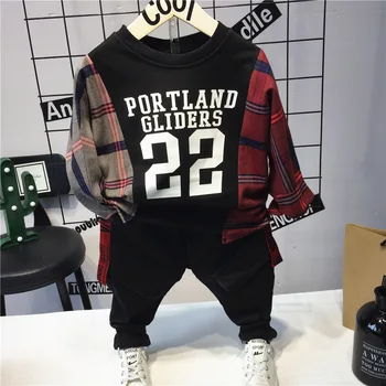 

2pcs WLG boys spring autumn patchwork clothing set kids red black long sleeve t shirt and pant set baby fashion clothes children