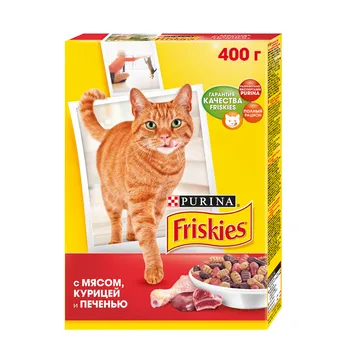 

A set of dry food Friskies for adult cats with meat, chicken and liver, Cardboard box, 400 gx 10 pcs.