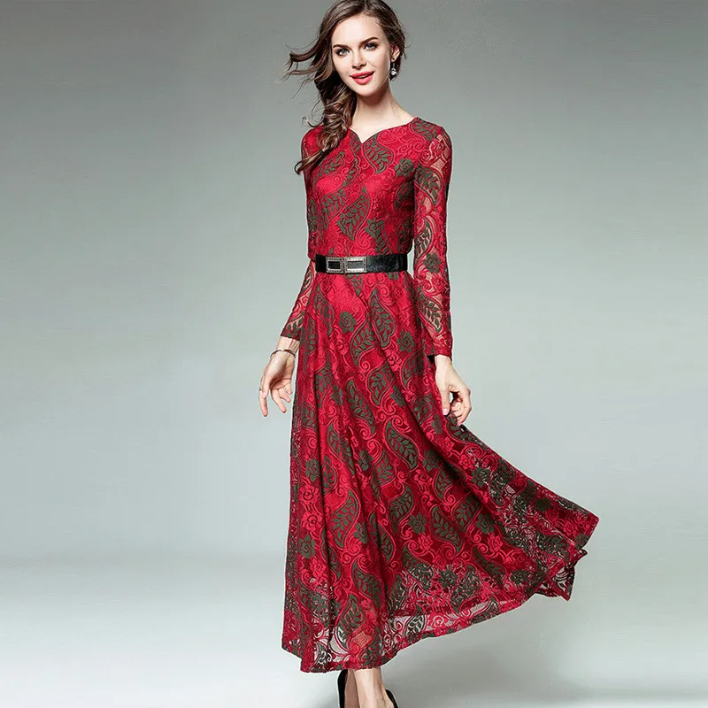 Fall Winter Embroidery Lace Long Sleeve Maxi Dresses for Women Vintage Ladies Sexy V Neck Floral Dress Red Color Plus Size S-2XL long-floral-maxi