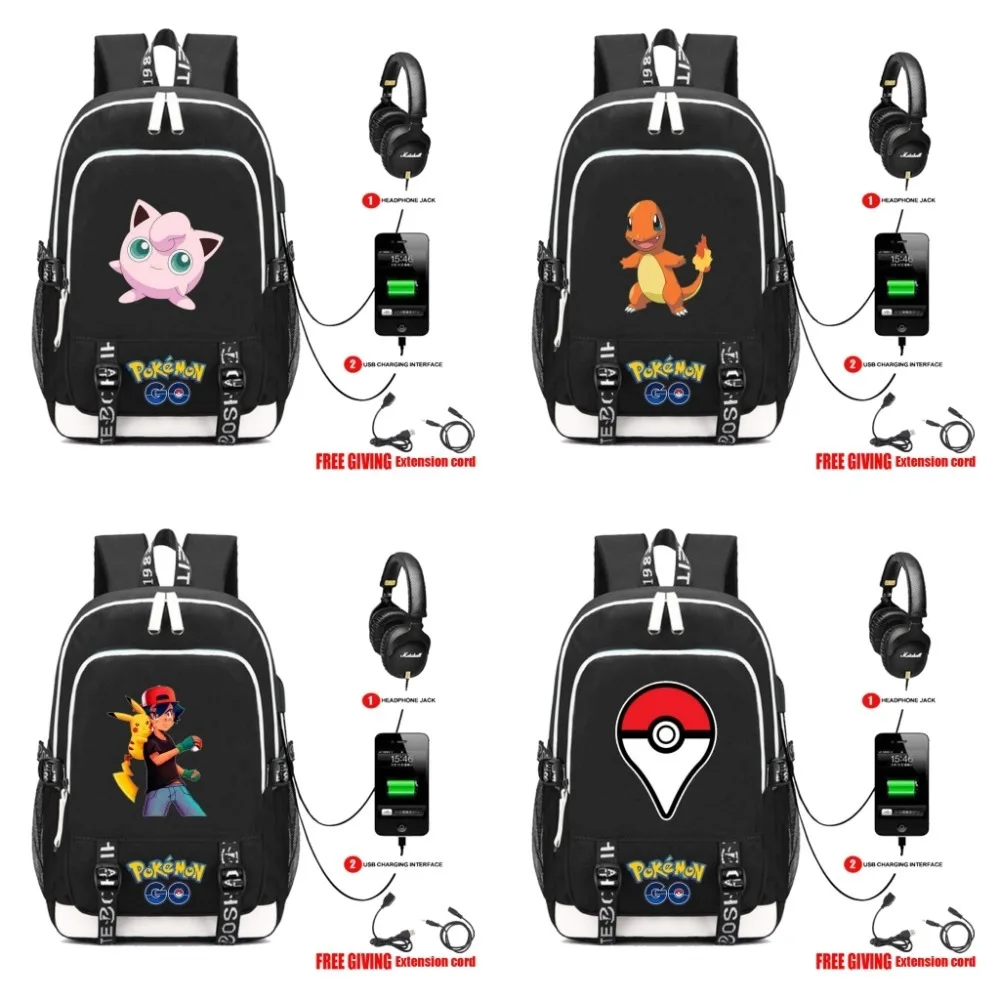 

anime Pocket Monster Pokemon Backpack USB Charging Headphone jack Student bookbag Men Women Laptop backpack 18 style