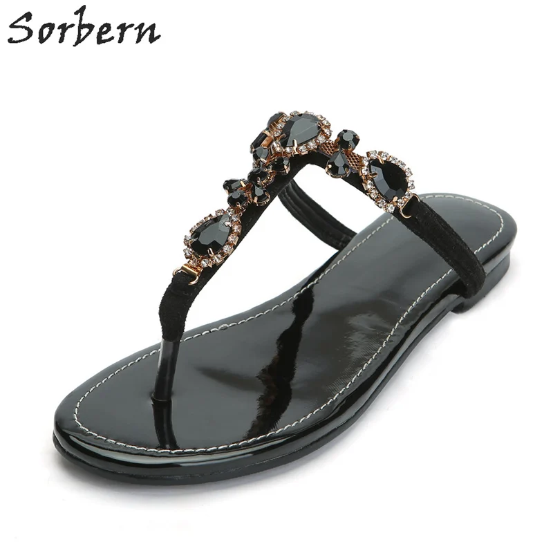 

Sorbern Women Falt With Slippers Black Ladies Party Shoes Crystal Flat Shoes Women Chaussures Femme T Strap Falt Shoes Slippers