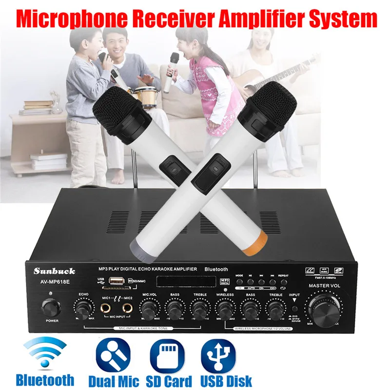

Wireless bluetooth Digital Amplifier 2-GH Karaoke Audio Power Stereo Amplifier Microphone Receiver System USB/SD Card Player