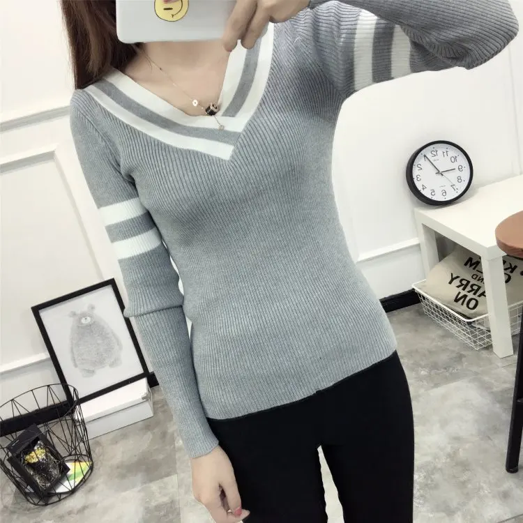New Autumn Winter Woman's Sweater Bottoming Pullovers Slim Sweaters V Neck Sexy Long Sleeves Sweaters Black white Striped