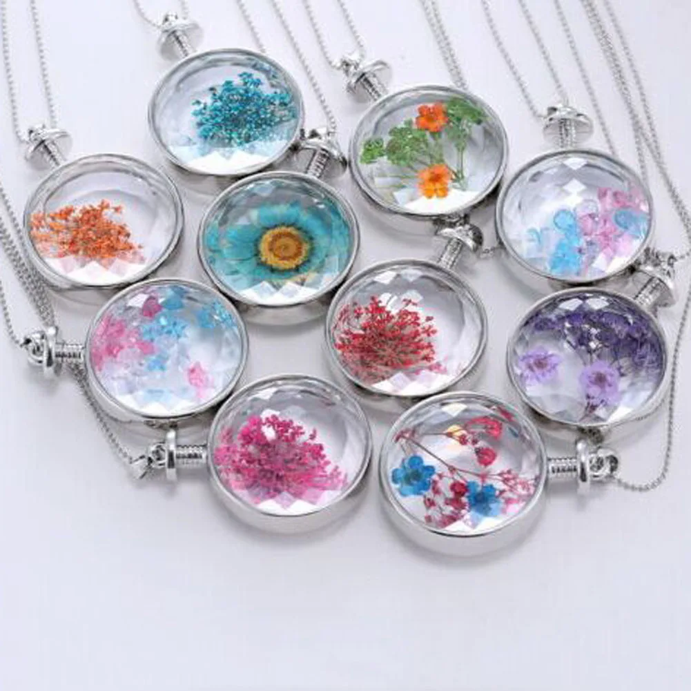 

1 Pc!!! Real Dried Dry Flowers Floating Locket Necklace Round Pendant Glass Accessories