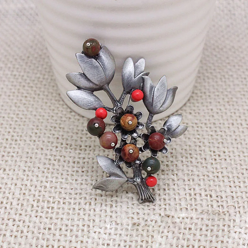 Vintage Trendy Handmade Natural Stone Flower Brooches Pins For Women