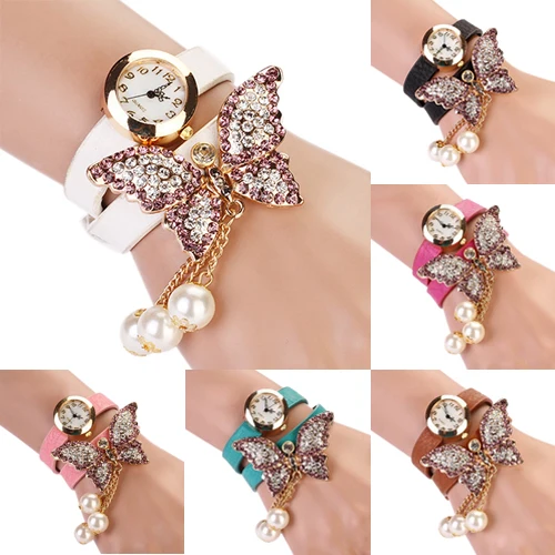 

Women Faux Pearls Tassel Rhinestone Butterfly Bracelet Quartz Analog Wrist Watch