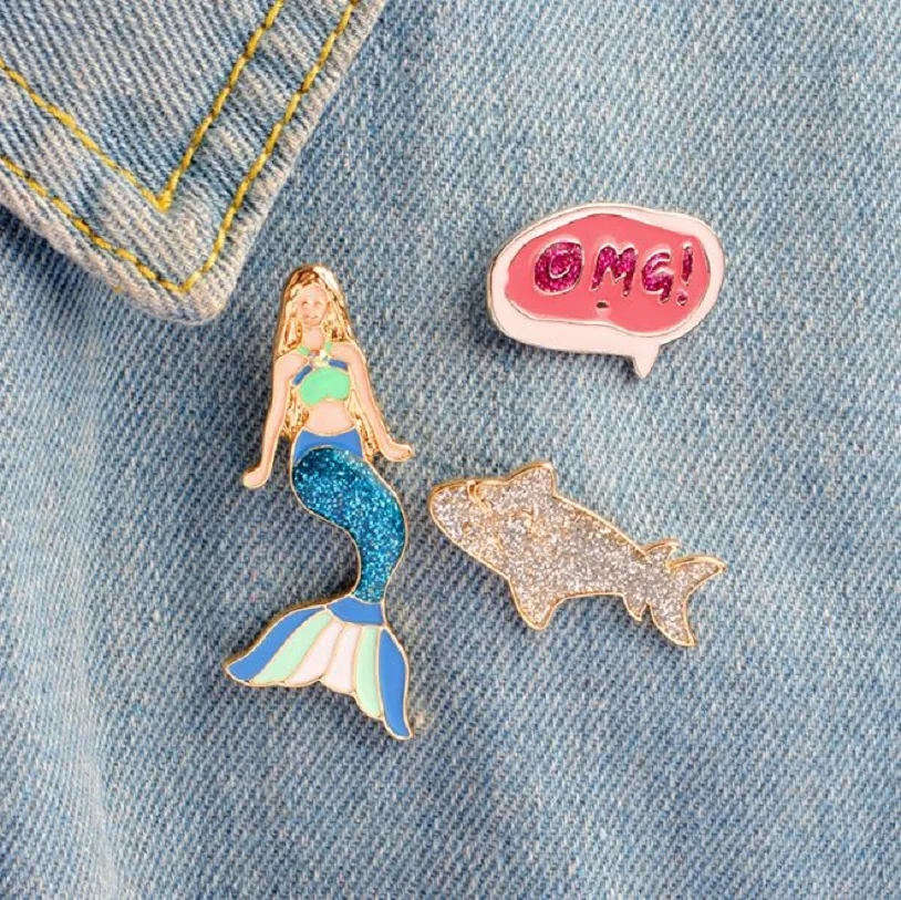 aloyrHe Shiny Mermaid Silver Shark OMG Icon Brooch Delicate Beauty Princess Fairy Animal Lapel Pin Delicate Fashion Cute Girl Gifts