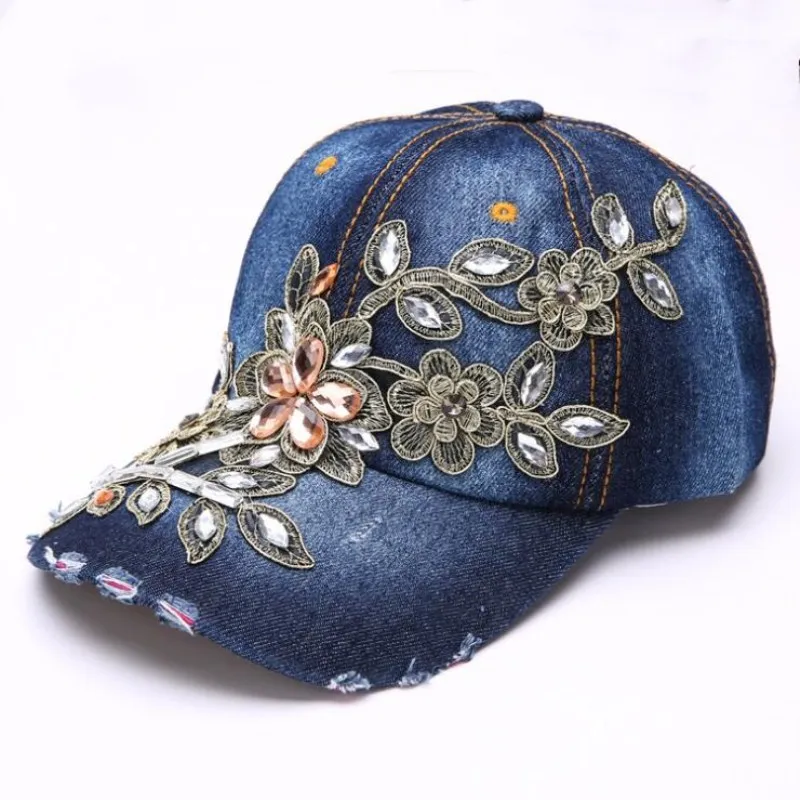 

Seioum Women's Baseball Cap Diamond Painting Embroidery Flower Denim Snapback Hats Jeans Woman Female Cap Cowboy Summer Sun Hat