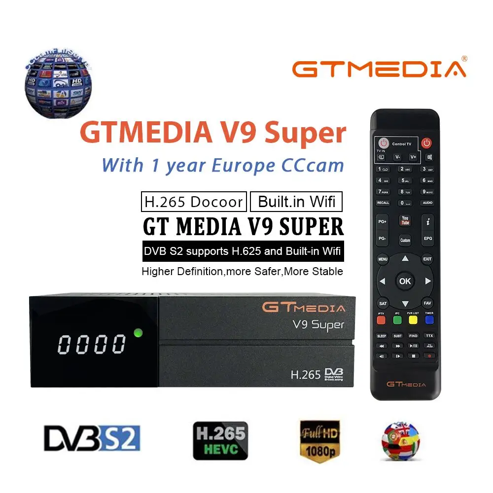 

GTMedia V9 Super DVB-S2/S Full HD H.265 HEVC 1080P Satellite Receiver+Stable 1 Year Europe Spain 5 Clines V9 Super Built-in WiFi