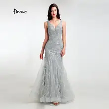 Finove Mermaid Evening Dresses Sexy V Neck With Beading Feathers Sparkle Materials Formal Long Dress Gowns Robe de soiree