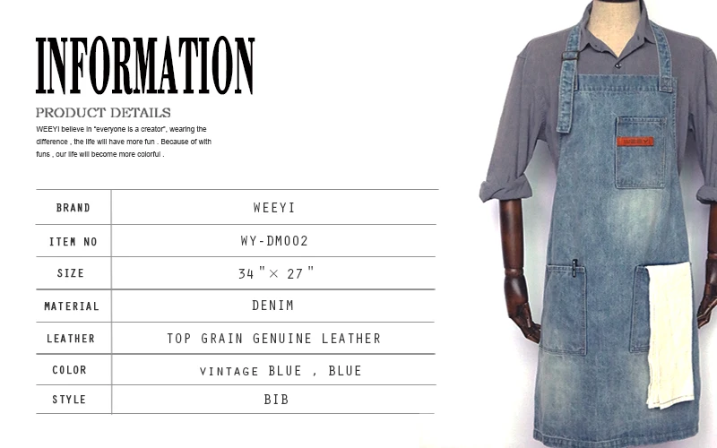 WEEYI Washable Shop Denim Apron with 3 Pockets Unisex Fits Small to XXL Vintage  Blue Homewear Workwear 34x27 Inches  (9)