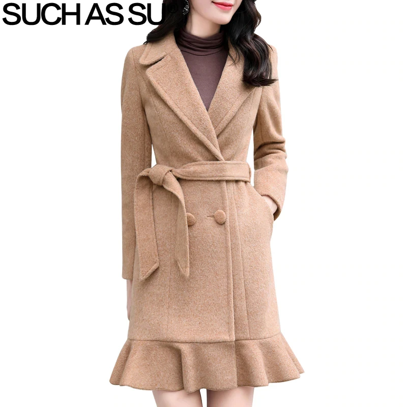 

New Alpaca Long Coat Women Clothes 5 Color Fall Winter Turn-Down Ruffle Double Breasted Coats M-3XL Plus Size Wool Coat Female
