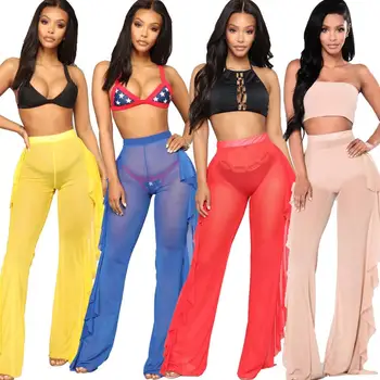

Perspective Bikini Cover Up Sexy Mesh Beachwear See Through Beach Sunscreen Trousers Wide-leg Pants Swimsuit Cover Ups Women