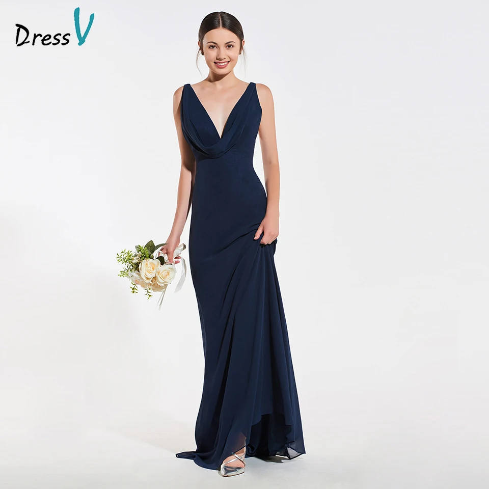 Dressv elegant navy v neck sheath sleeveless bridesmaid dress draped